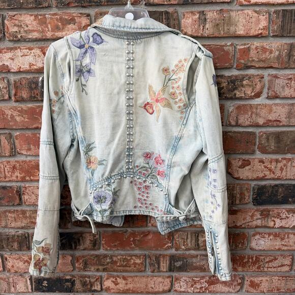 Blank NYC Denim Jacket Medium Embroidered Floral Studded Moto Zip Light Wash - Picture 9 of 16